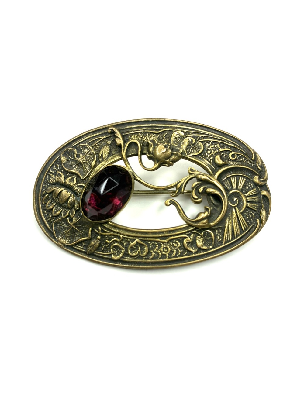Antique Art Nouveau Brass & Amethyst Glass Brooch